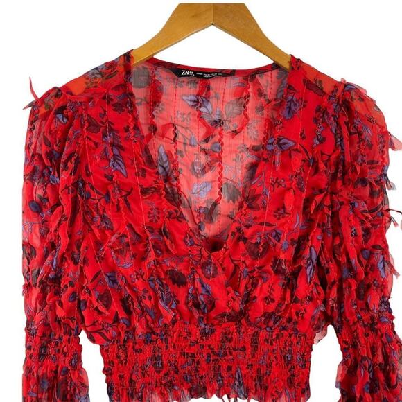 Red Floral Smocked Sheer Blouse Zara Fringing Cropped Top Long Sleeve Size XS - Picture 5 of 16